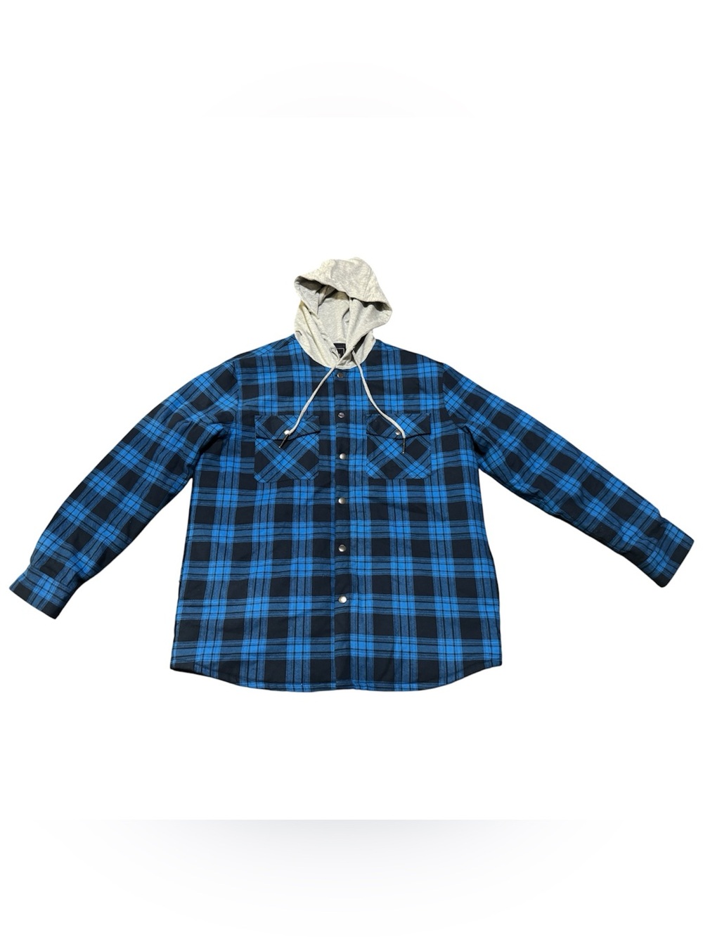 Outdoor Jacket Men's L Blue Plaid Hooded Button-Down Shirt Jacket